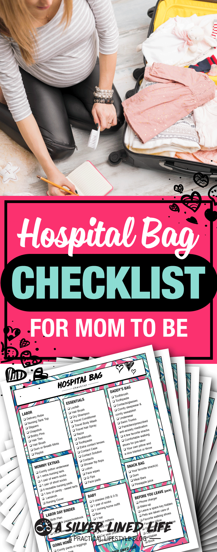 Hospital Bag Checklist, For Mom To Be: FREE Printable! Best packing list for you, your baby and family! A simple, realistic and organized ultimate list. 